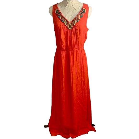AGB Dresses & Skirts - AGB Womens Orange Sleeveless Maxi Dress Size M Beaded V-Neck Elastic Waist Boho